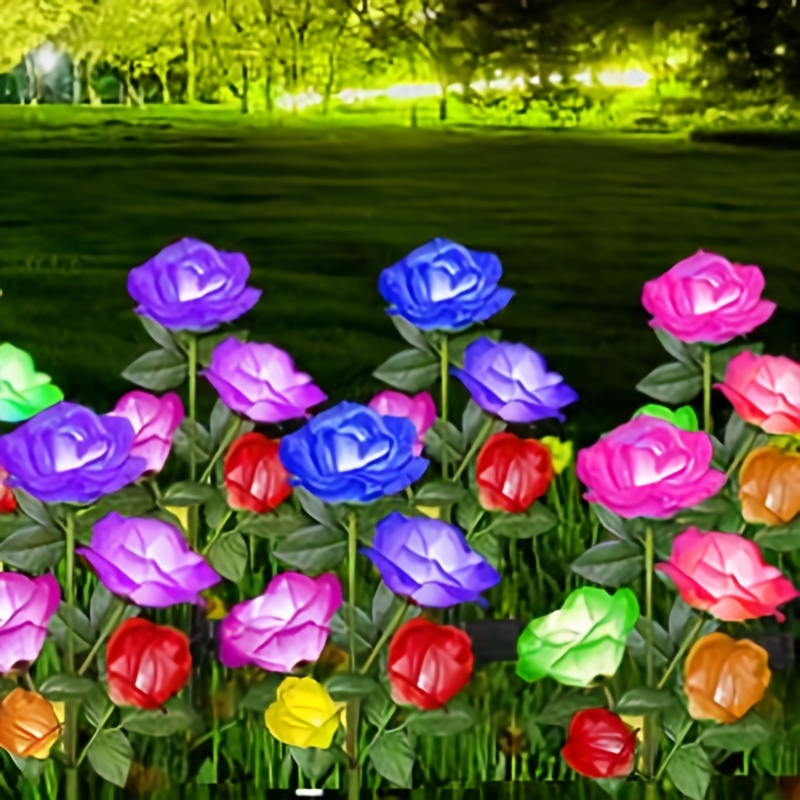 4pcs flower shaped solar flowers garden lights decorative 7 color changing rose lights 20 head rose for pathway patio yard party wedding valentines day outdoor decoration red pink yellow blue details 6