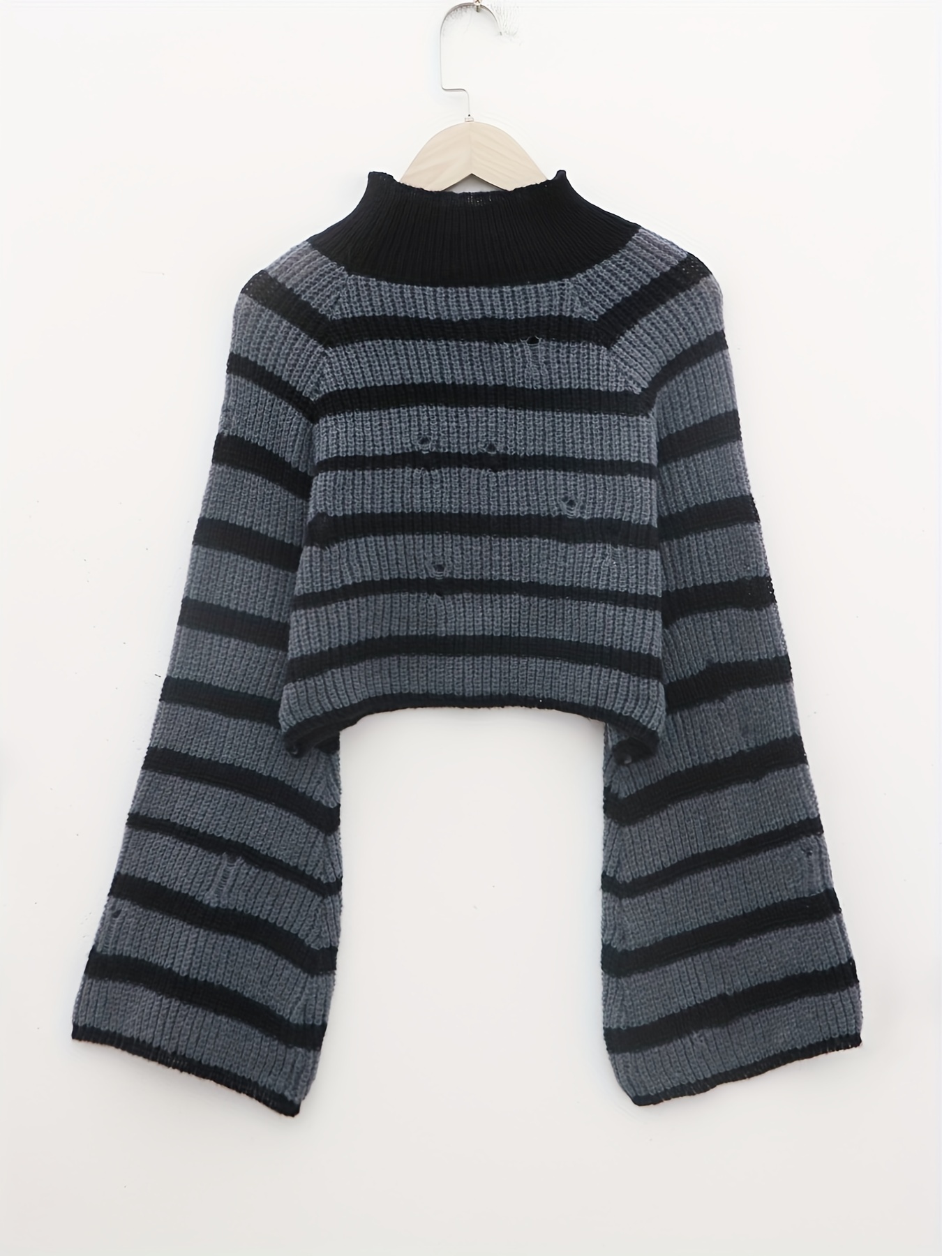 Striped Print Knit Y2k Sweater Vacation High Collar Flared - Temu