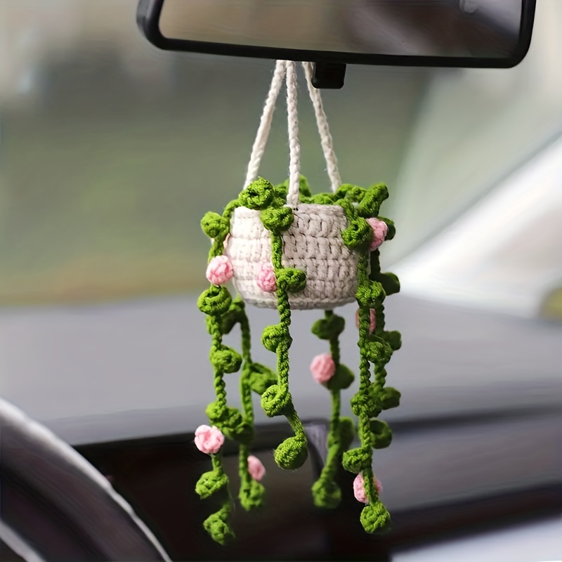 Car Plant Crochet Hanging Basket Cute Rearview Mirror Hanging Ornament Car  Decor