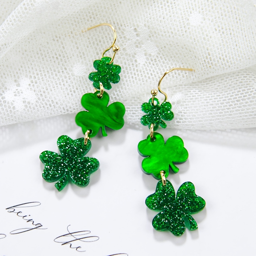 St. Patrick's Day Shamrock Irish Hat Long Dangle Earrings Women Girls Green  Lucky Earring Party Favors