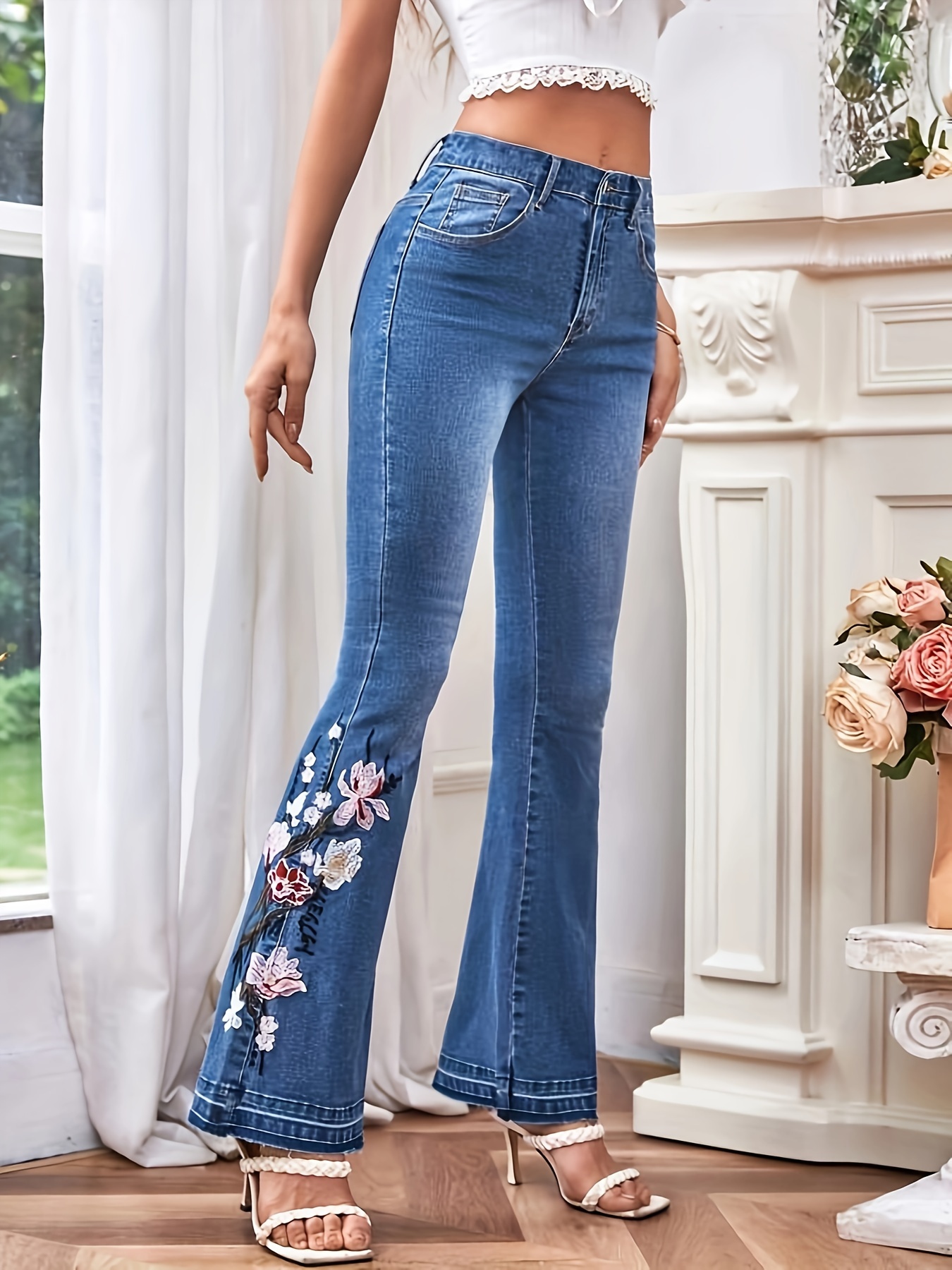Floral Embroidered Decor Flare Jeans Slant Pockets High - Temu