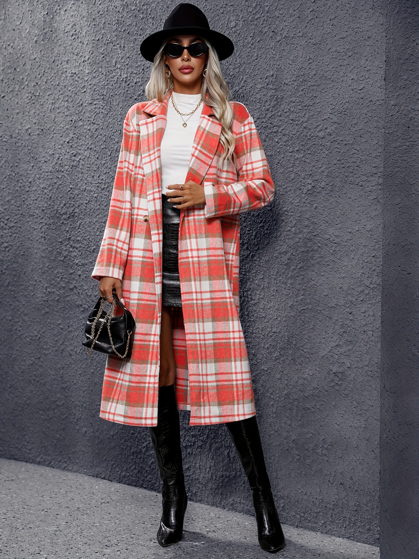 Pink Plaid Coat And White Leggings