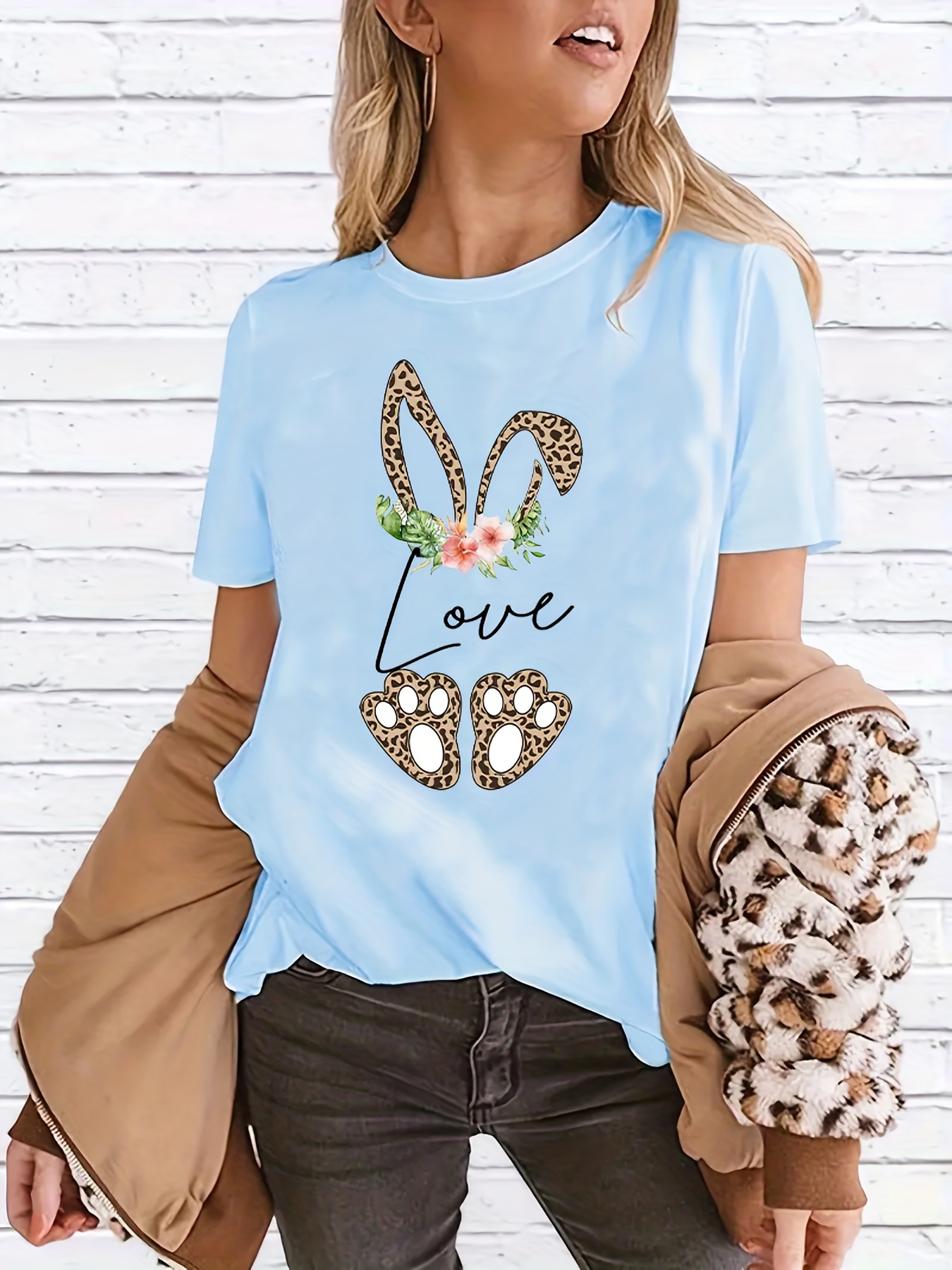 solid leopard flower print loose casual t shirts crew neck short sleeve comfort active casual tee womens summer tops