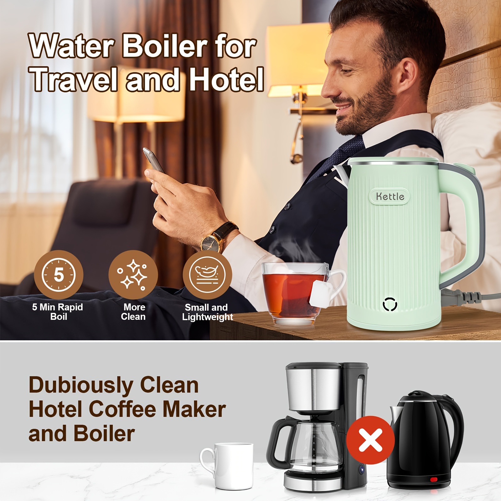 1pc 600w Plug-in Portable Electric Kettle, 0.8l Capacity, 5-minute