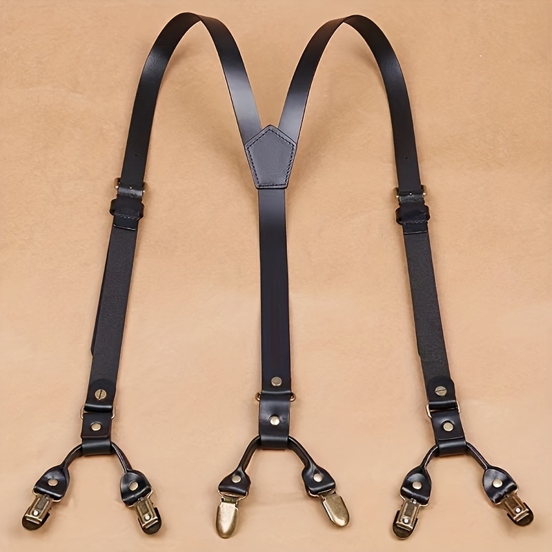 1pc Men's Black Leather Suspenders With Adjustable O-ring Link Design,  Suitable For Daily Wear And As Gift