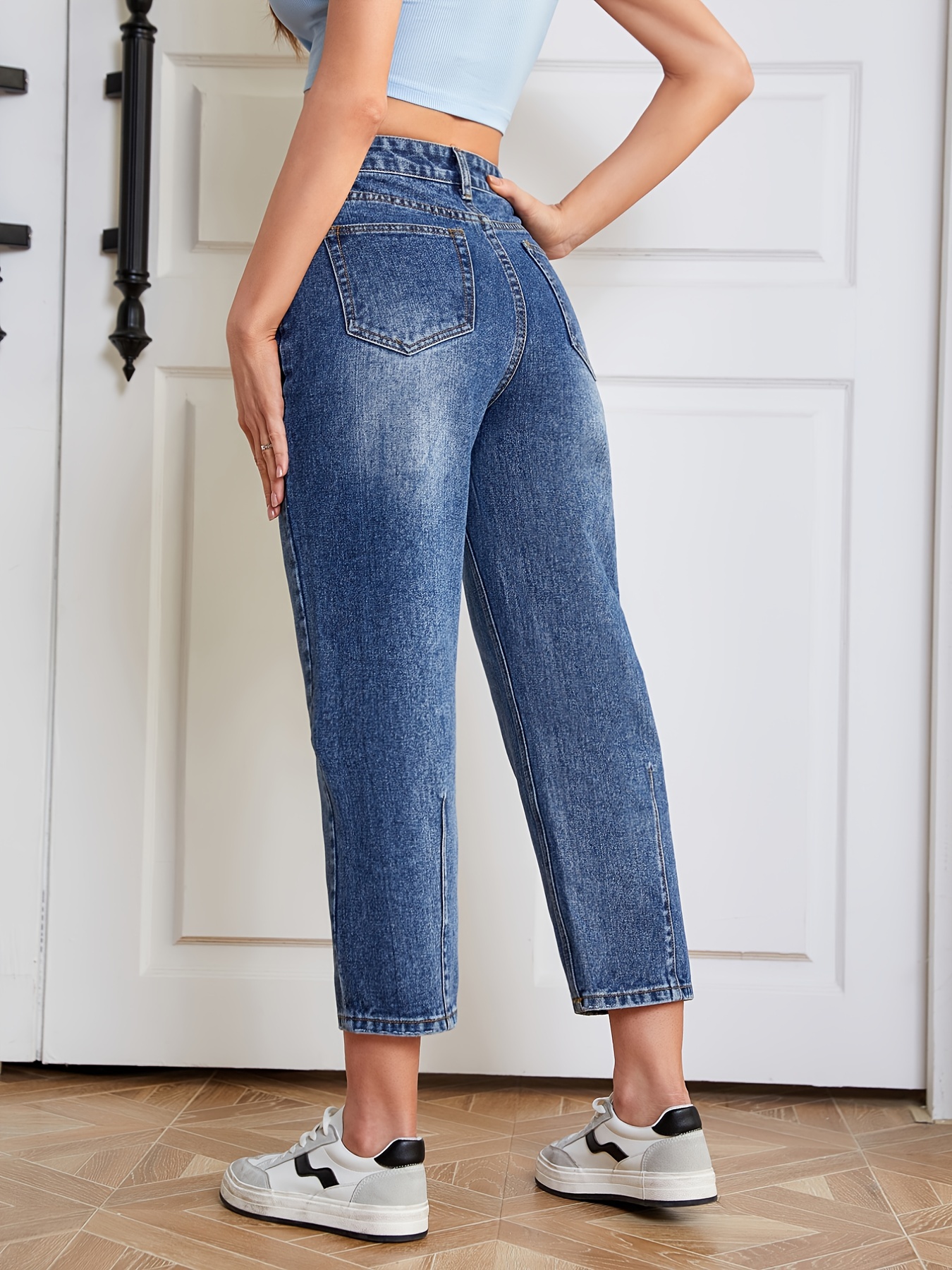 Blue Asymmetrical Straight Jeans Slash Pockets High Waist Layered