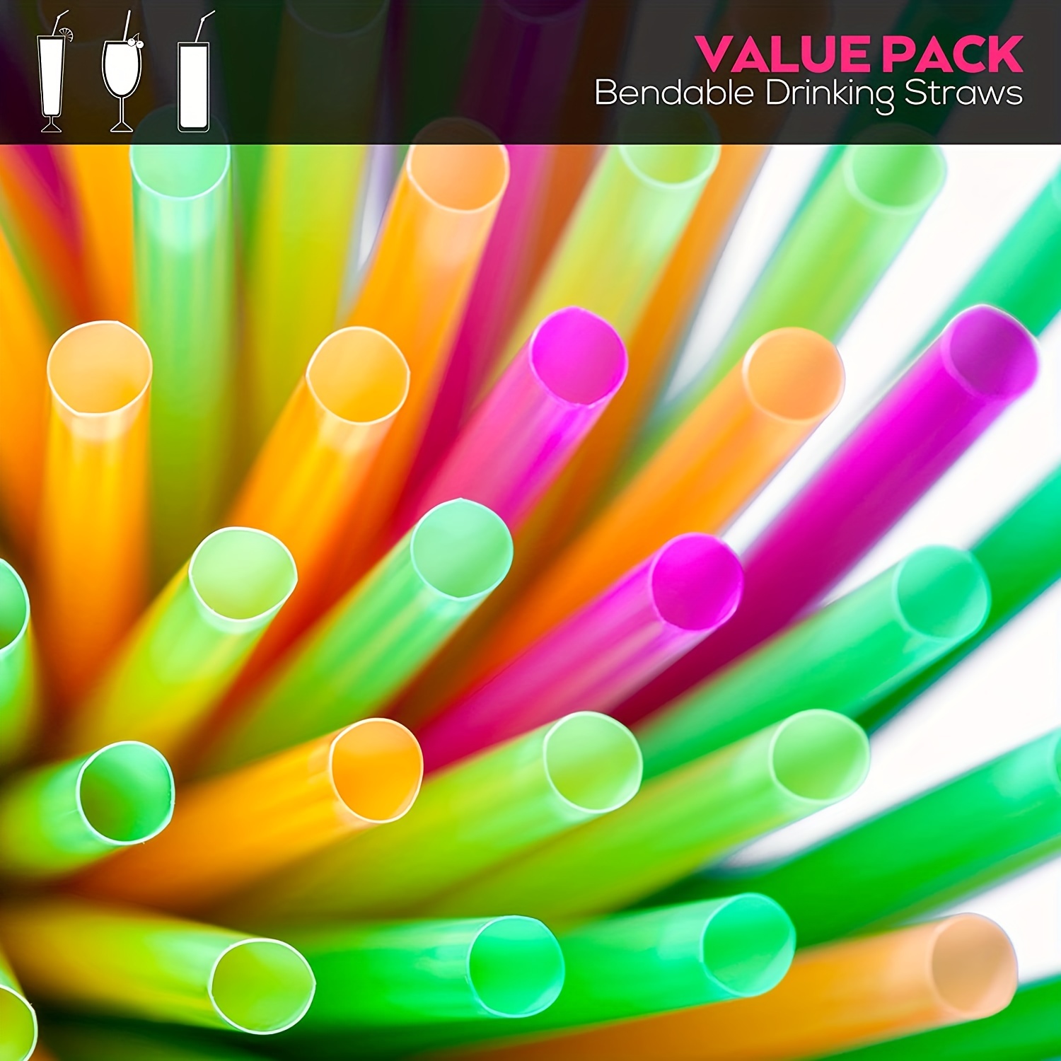 Disposable Drinking Straws - Flexible Neon Colorful Plastic Straw -  Colorful Party Fun Straws - Bulk Pack - Kid Friendly - BPA Free - 100 PCS.