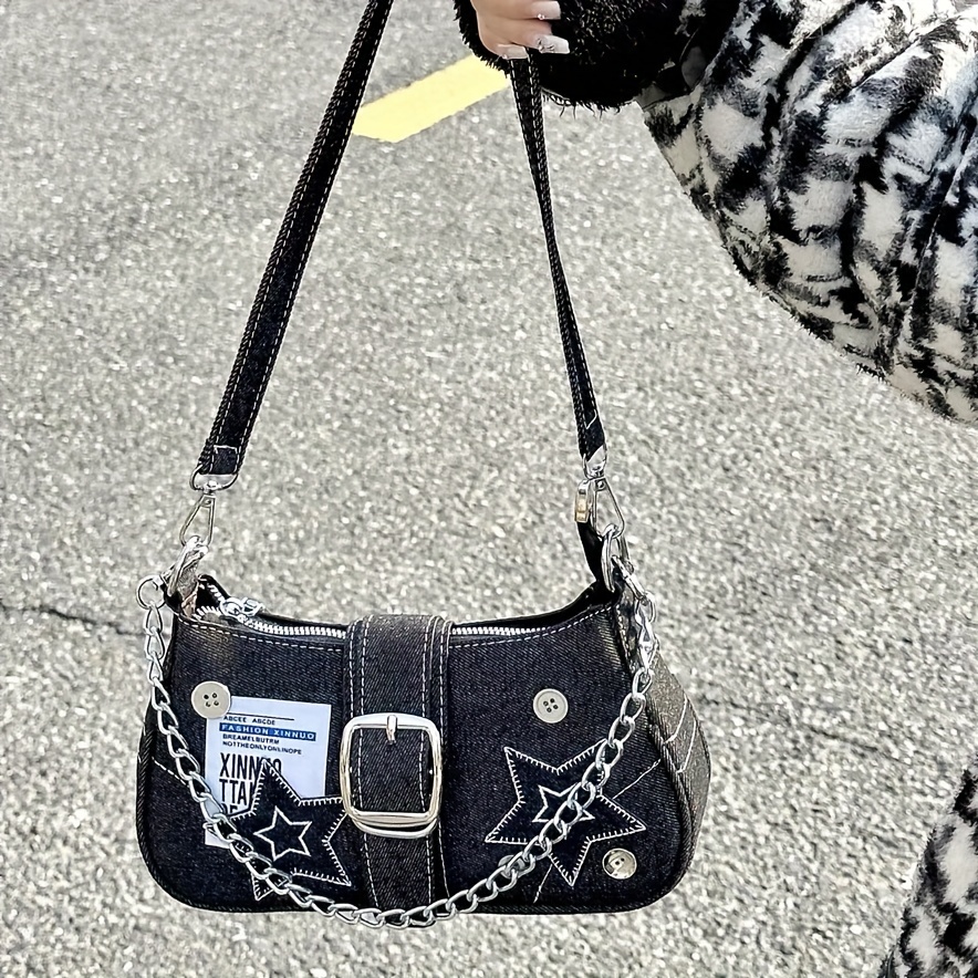 Y2Kスターデニムアンダーアームバッグ、ビンテージゴシックショルダーバッグ、女性のグランジパンクハンドバッグ＆財布