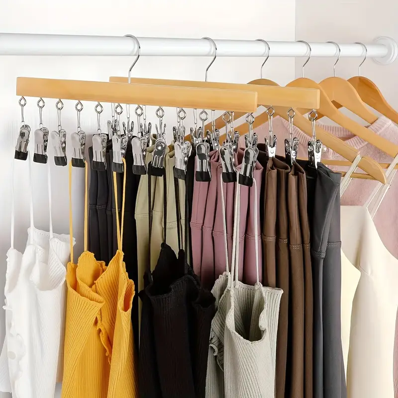 Legging Hanger Pants Hangers For Closet, Wooden Hanger With 12 Metal Clips,  Hanging Storage Closet Organizer For Hats, Jeans, Yoga Pants, Scarves,  Household Space Saving Organizer For Bedroom, Closet, Wardrobe, Home, Dorm 