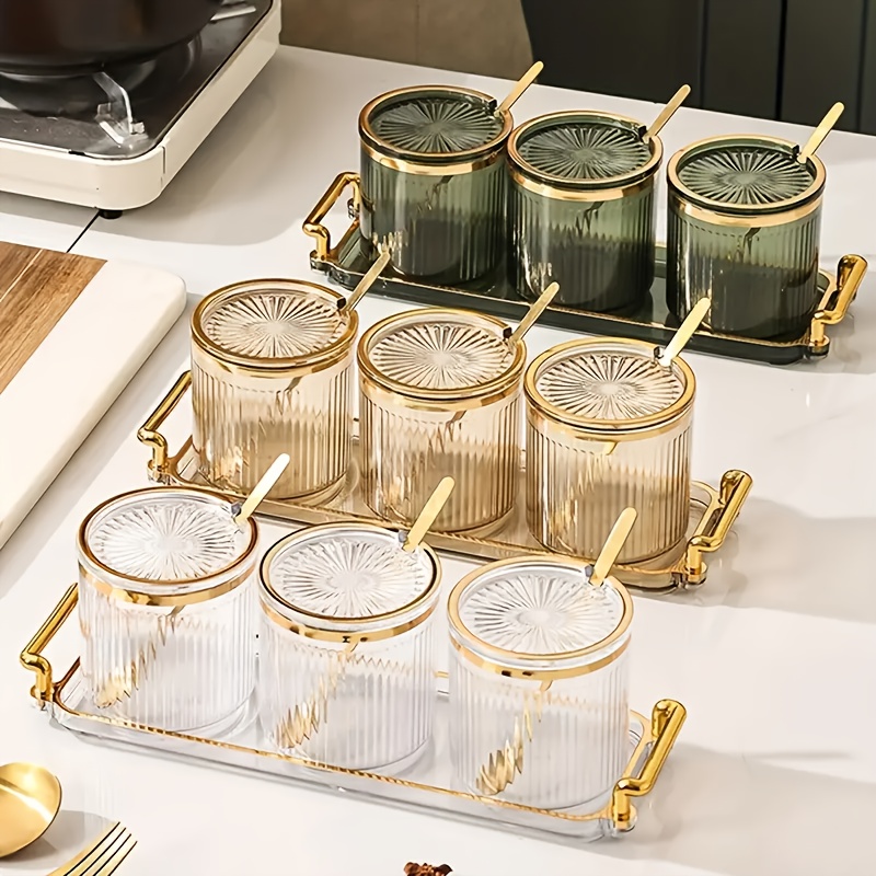 6 Jars & 1 Tray Nordic Creative Spice Jar Set With Gold Lids, Spoons, And  Tray For Home Kitchen Organization