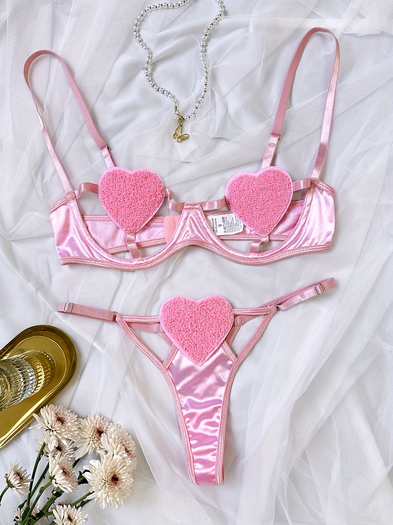 Heart Pattern Lingerie Set, Cut Out Bra & Thong, Women's Sexy Lingerie &  Underwear