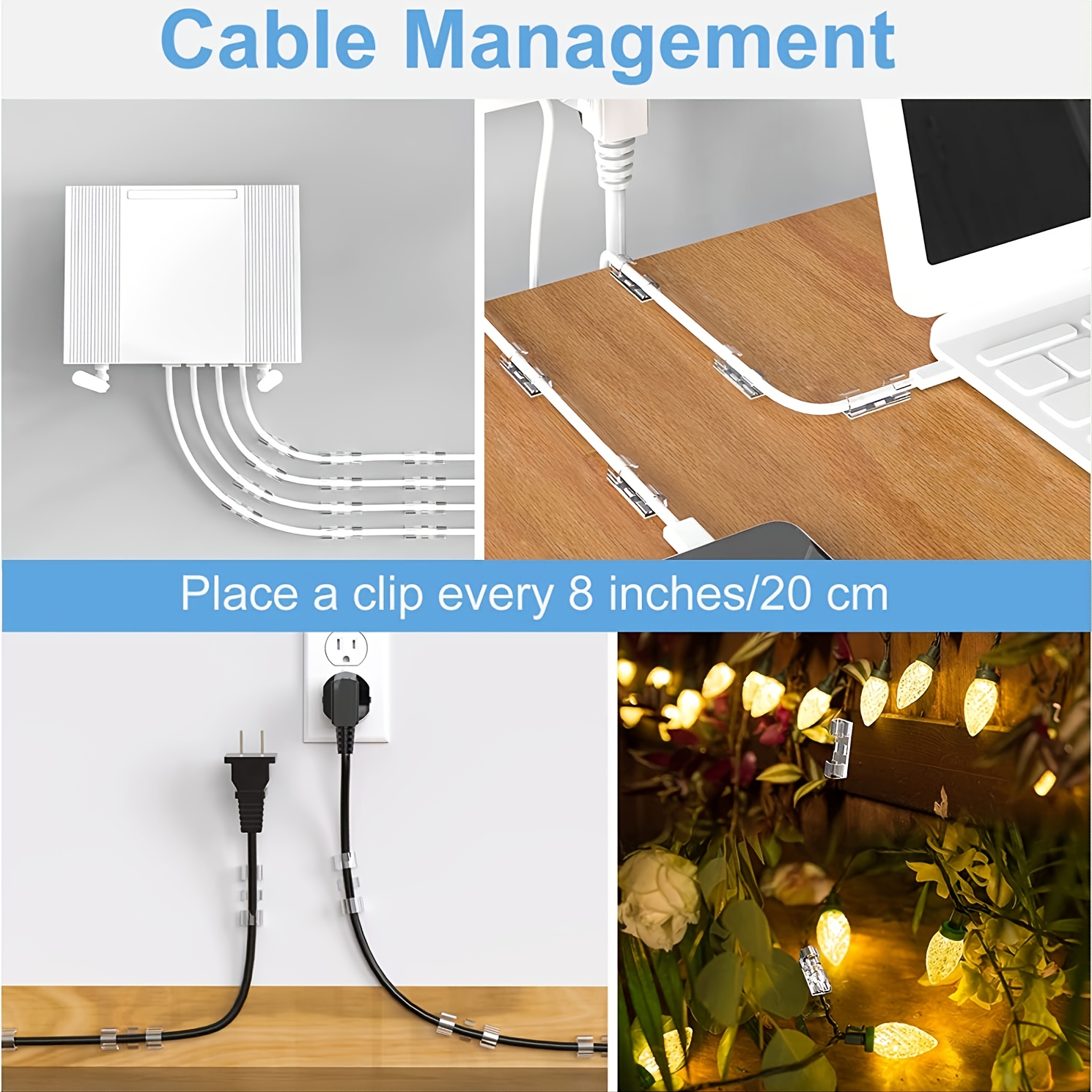 Clips de organización de cables, clips grandes para gestión de cables  debajo del escritorio, organizador adhesivo de múltiples cables  (computadora/PC