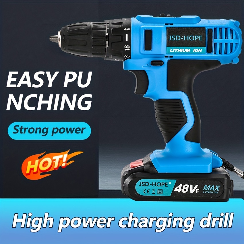 1 set brushless impact 48vf electric drill cordless high power lithium battery electric hand drill 2 speed 18 gear torsion rechargeable electric screwdriver
