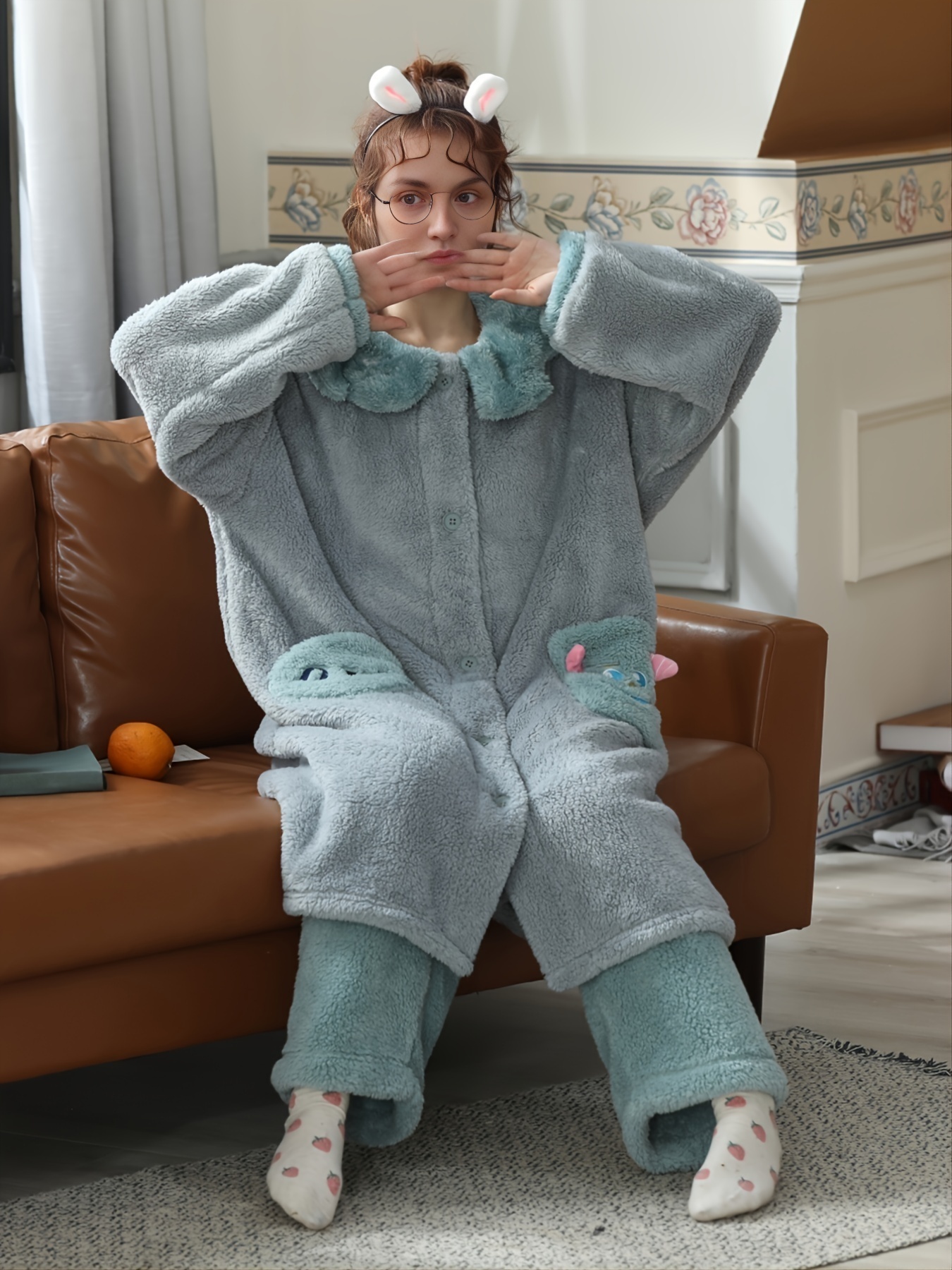Cute & Soft Thick Fuzzy Hoodie Pajamas Set, Button Up Pajama Top & Elastic  Waistband Pajama Pants, Women's Loungewear & Sleepwear