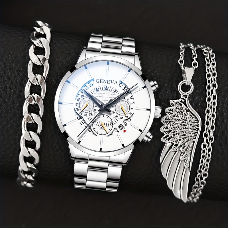 GENEVA - 3 Pcs Watch With Bracelets Set for Men, Luxury Quartz