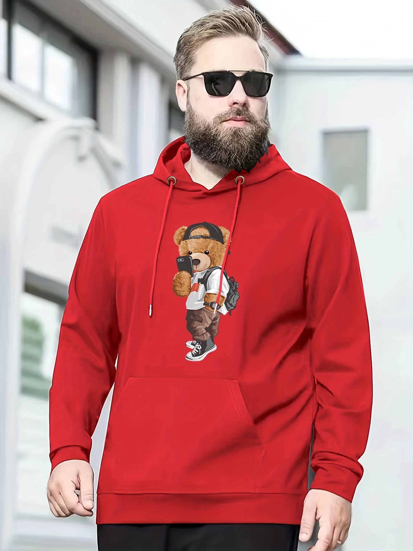 Plus Size Men's Cool Bear Print Hooded Sweatshirt Oversized - Temu