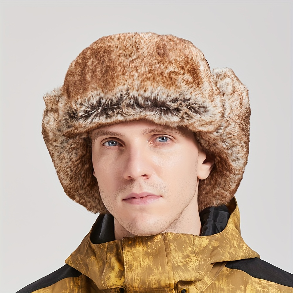 1pc Winter Bomber Hats For Men Ear Flap Pu Leather Faux Fur