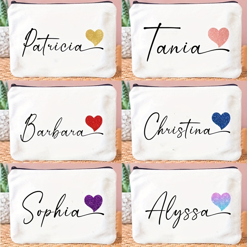 

1pc Personalized Custom Name Text Cosmetic Bag, Rose Golden Color Love Heart Makeup Bags, Travel Toiletry Pouches, Teacher Bride Gift