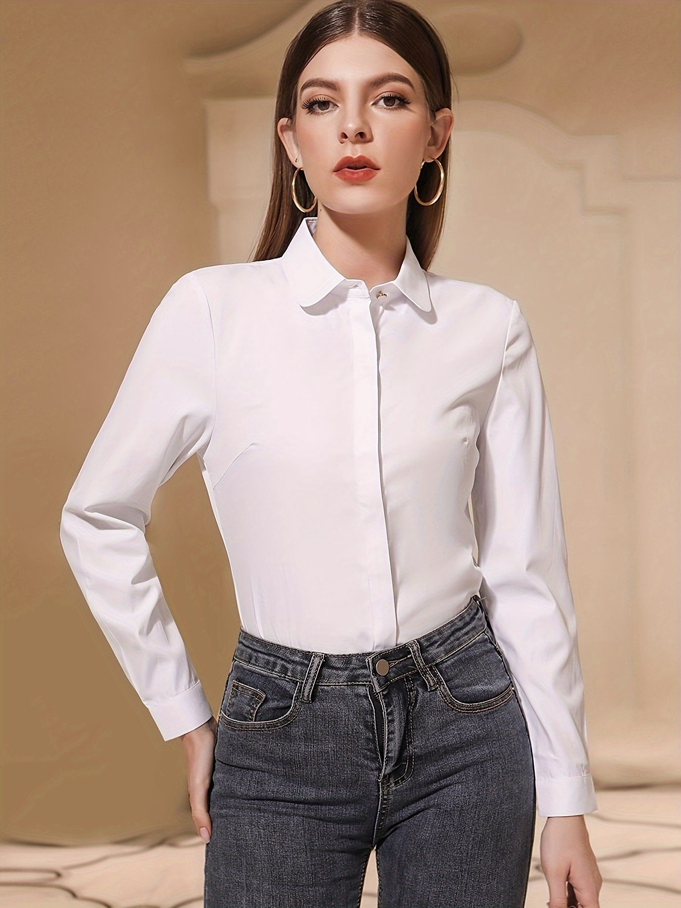 Solid Collared Simple Shirt, Casual Long Sleeve Slim Shirt For Office &  Work, Women's Clothing