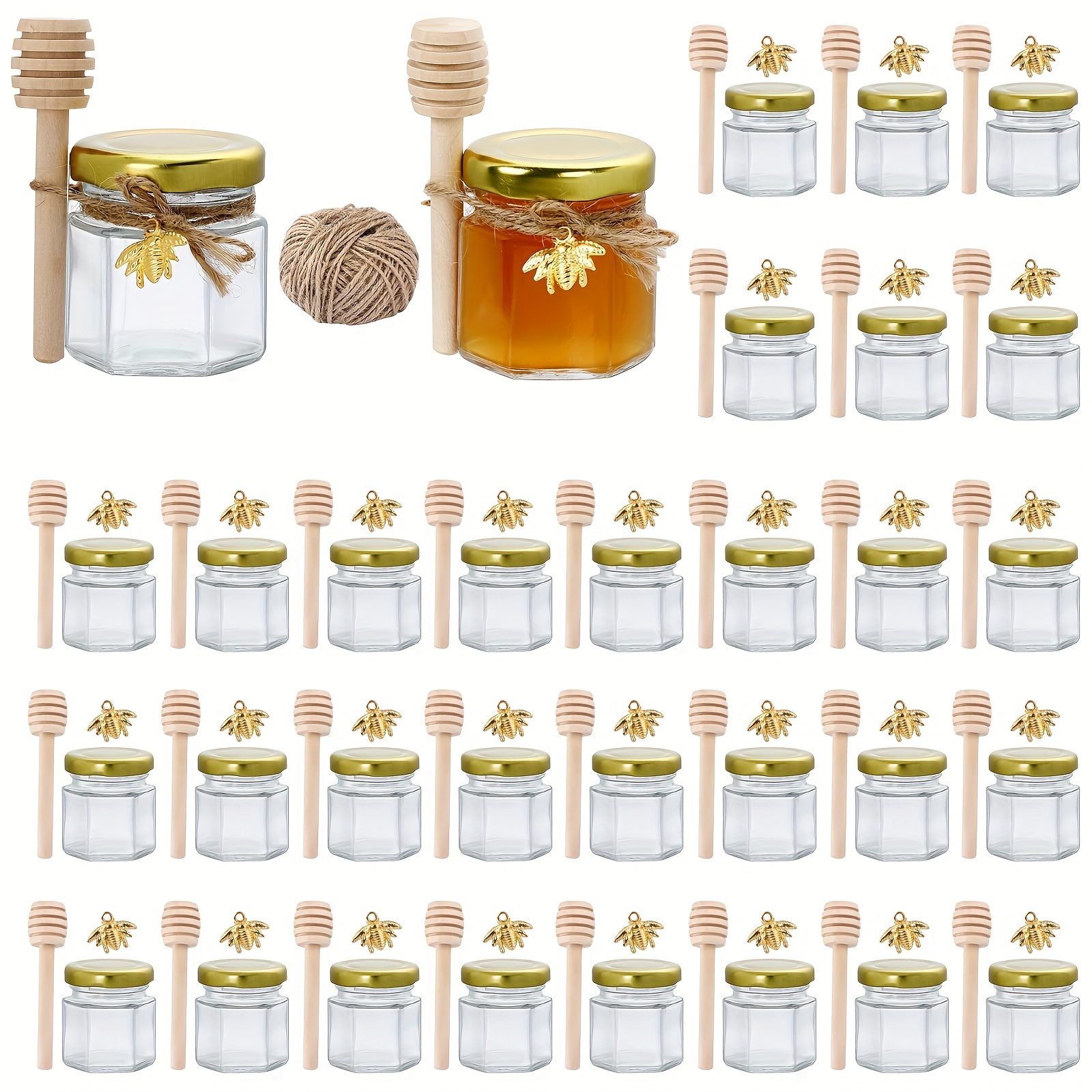 Mini pots à miel en verre hexagonal avec couvercle doré, trempette