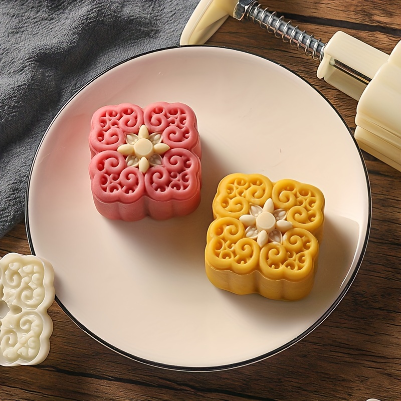 Image of Set, Square Mooncake Mold, Including 1 Mold And 1 Stamps, Hand-pressed Floral Pattern Square Cookie Press Mold For Kitchen, Baking Tool
