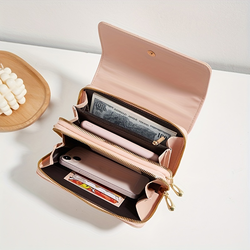 Small Leather Zippered Clutch Bag for Women with Detachable Shoulder Strap