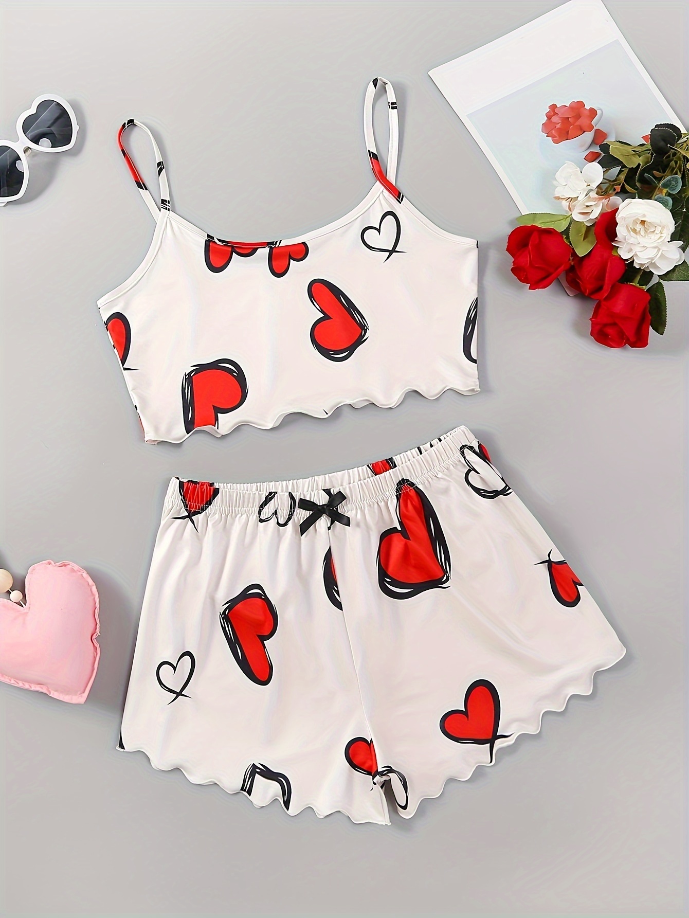Heart Print Pajamas Set Lace Trim Bowknot Decor Cami Top - Temu