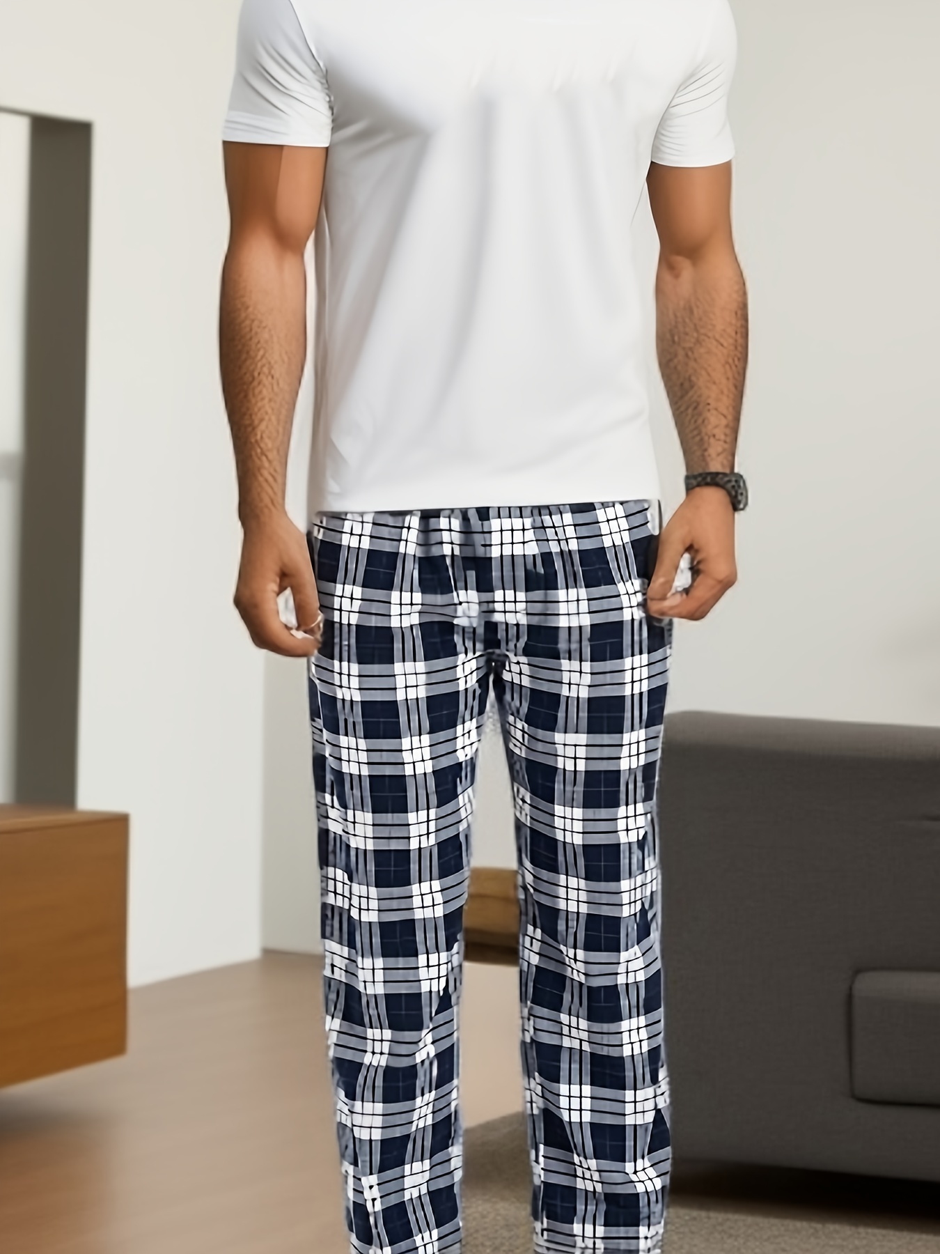 Men's Casual Warm Fleece Retro Plaid Pajama Pants Clothes - Temu Canada