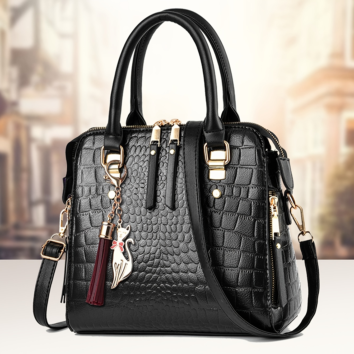 

Vintage Crocodile Pattern Tote Bag, Luxury Top Handle Satchel, Women's Retro Handbag, Shoulder Bag, Crossbody Bag & Purse