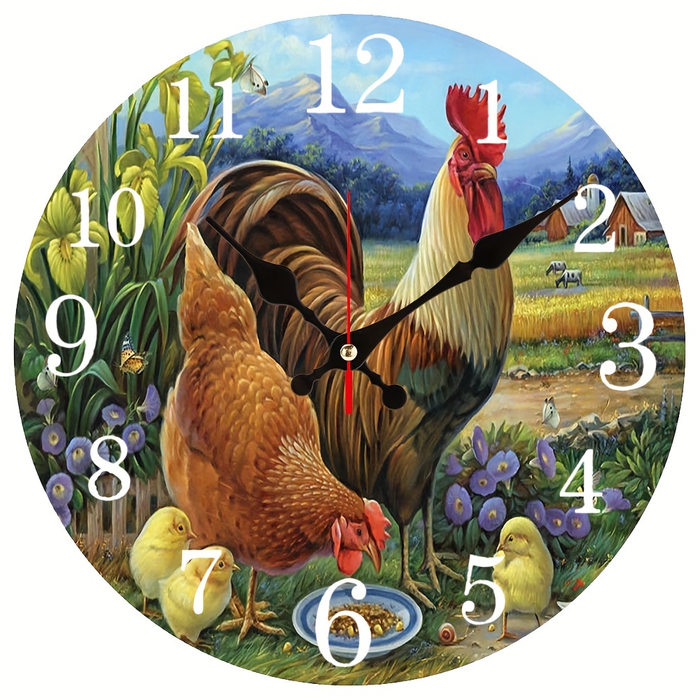 

1pc Rooster Pattern Round Wall Clock, Silent Non-ticking, Battery Operated, Decorative Clock For Home Living Room Bedroom Kitchen Office, Aa Battery (not Included)