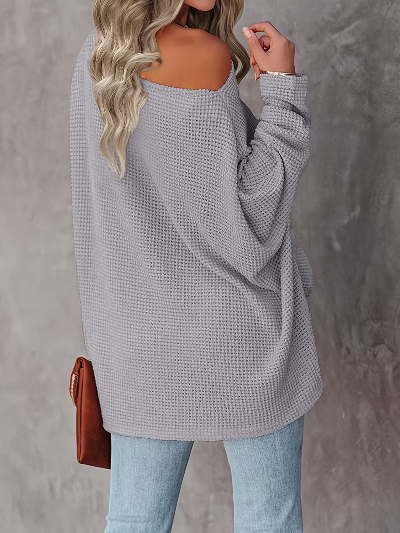 ReachMe Womens Oversized Off The Shoulder Tops Long Sleeve Waffle Knit  Shirt Drop Shoulder Sweater Top