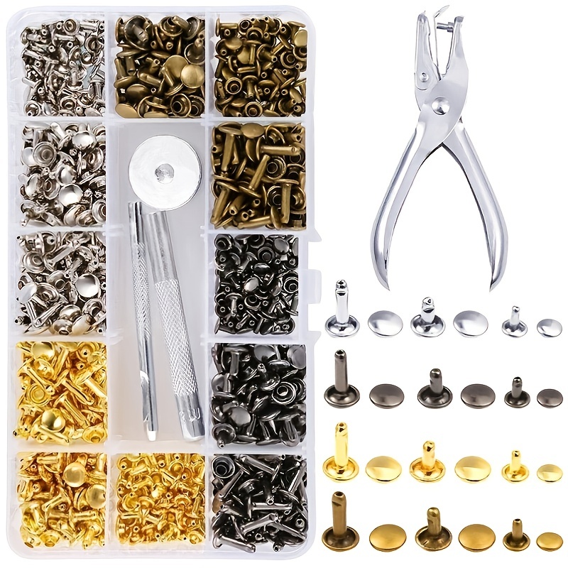 480pcs Leather Rivets Double Cap Rivet Tubular Metal Studs 3 Sizes And 2pcs  Setting Tool Kit For Leather Craft Repairs Decoration (4 Colors Rivet)