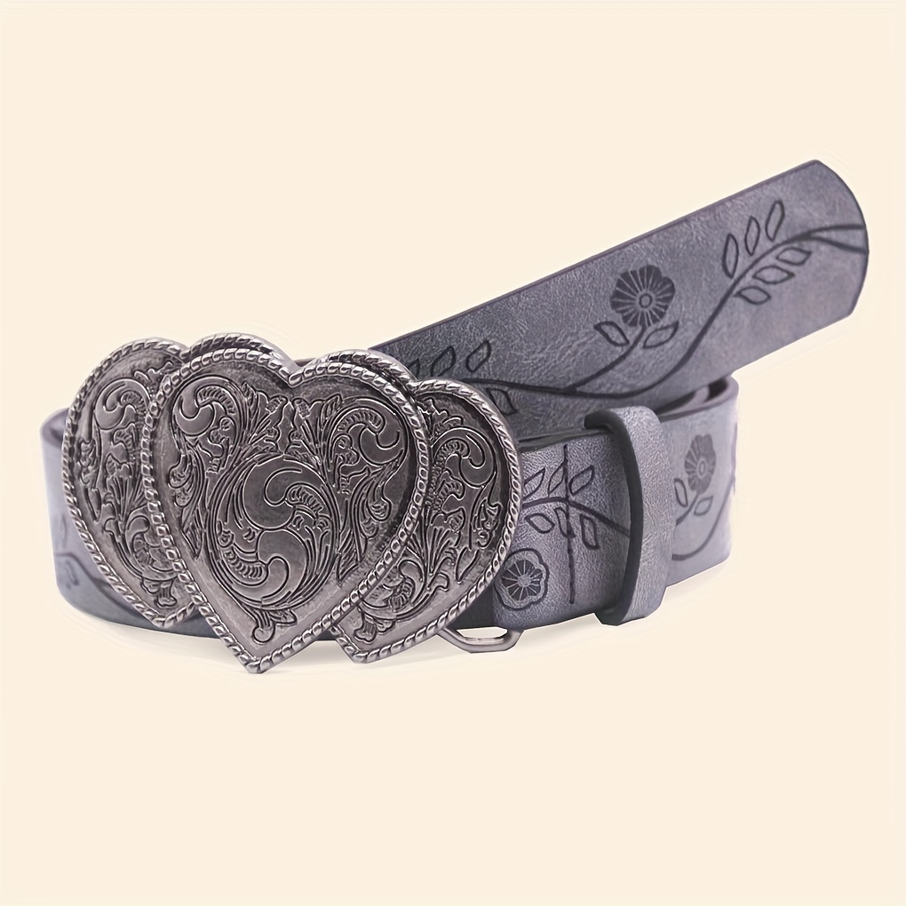 Engraved Heart - Vintage Heart Buckle Black Leather Belt