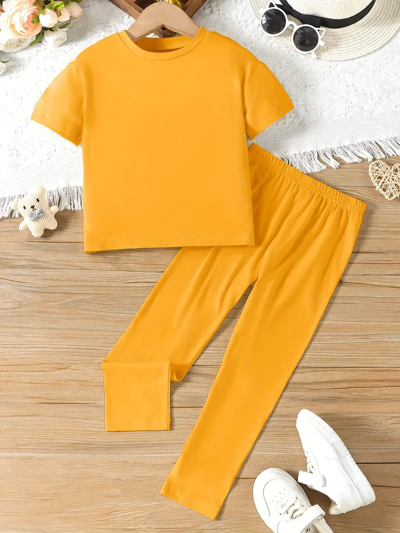 Girl's T shirt Leggings Set Solid Color Short Sleeve Top - Temu