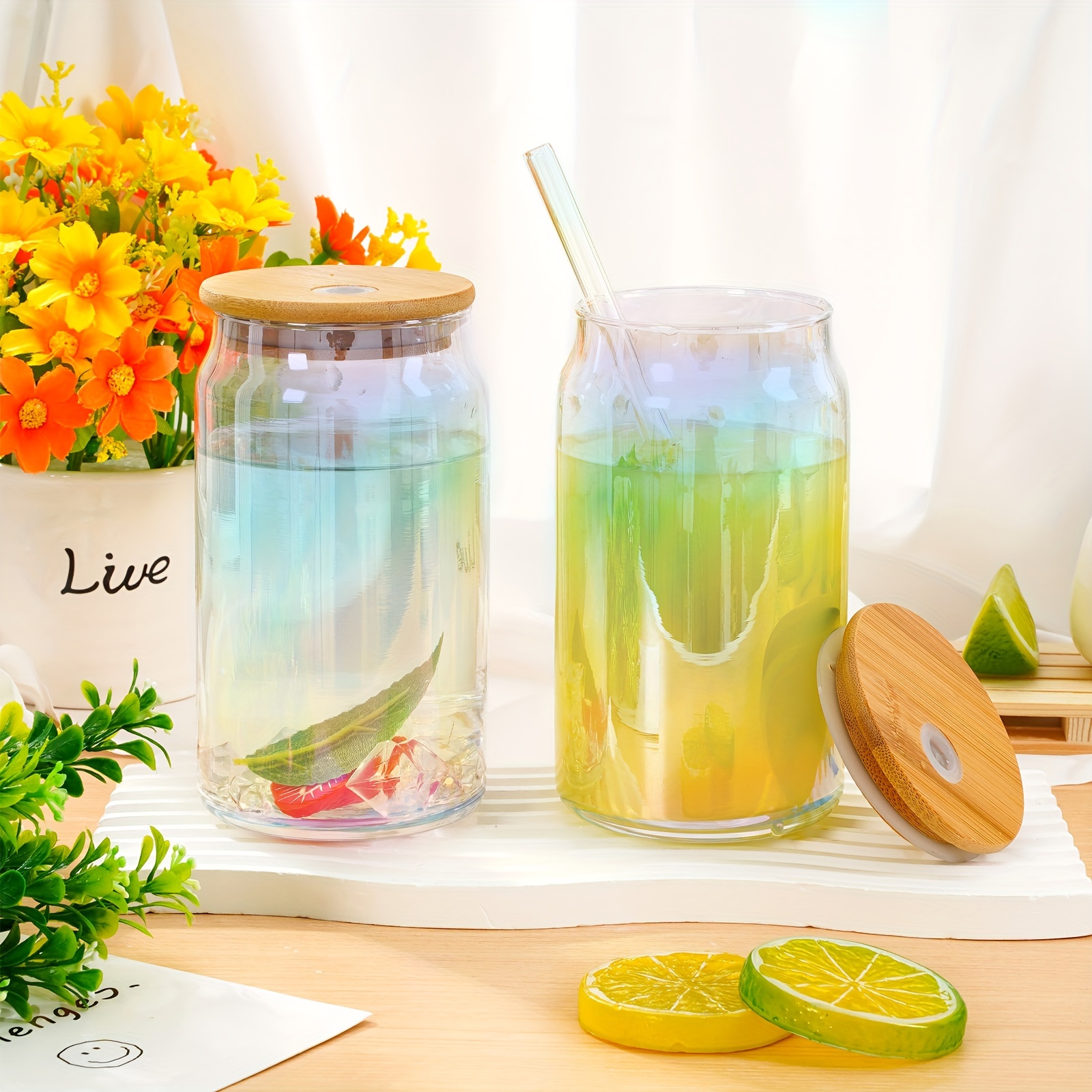 Iridescent Drinking Glasses With Bamboo Lids And Straws Can - Temu