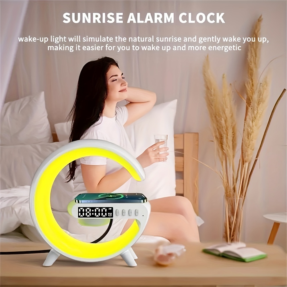 

1pc Modern Led Multifunctional Alarm Clock With Sunrise Simulation, Wireless Charging Bt Speaker, Ambient Light With 9 Color Options, Fm Radio, Plastic Material, For Bedside & Home Decor