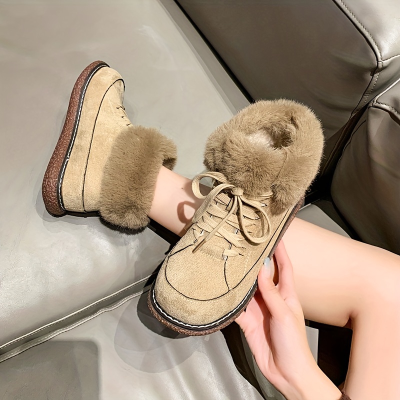 womens solid color short boots casual lace up plush lined boots comfortable winter boots details 1