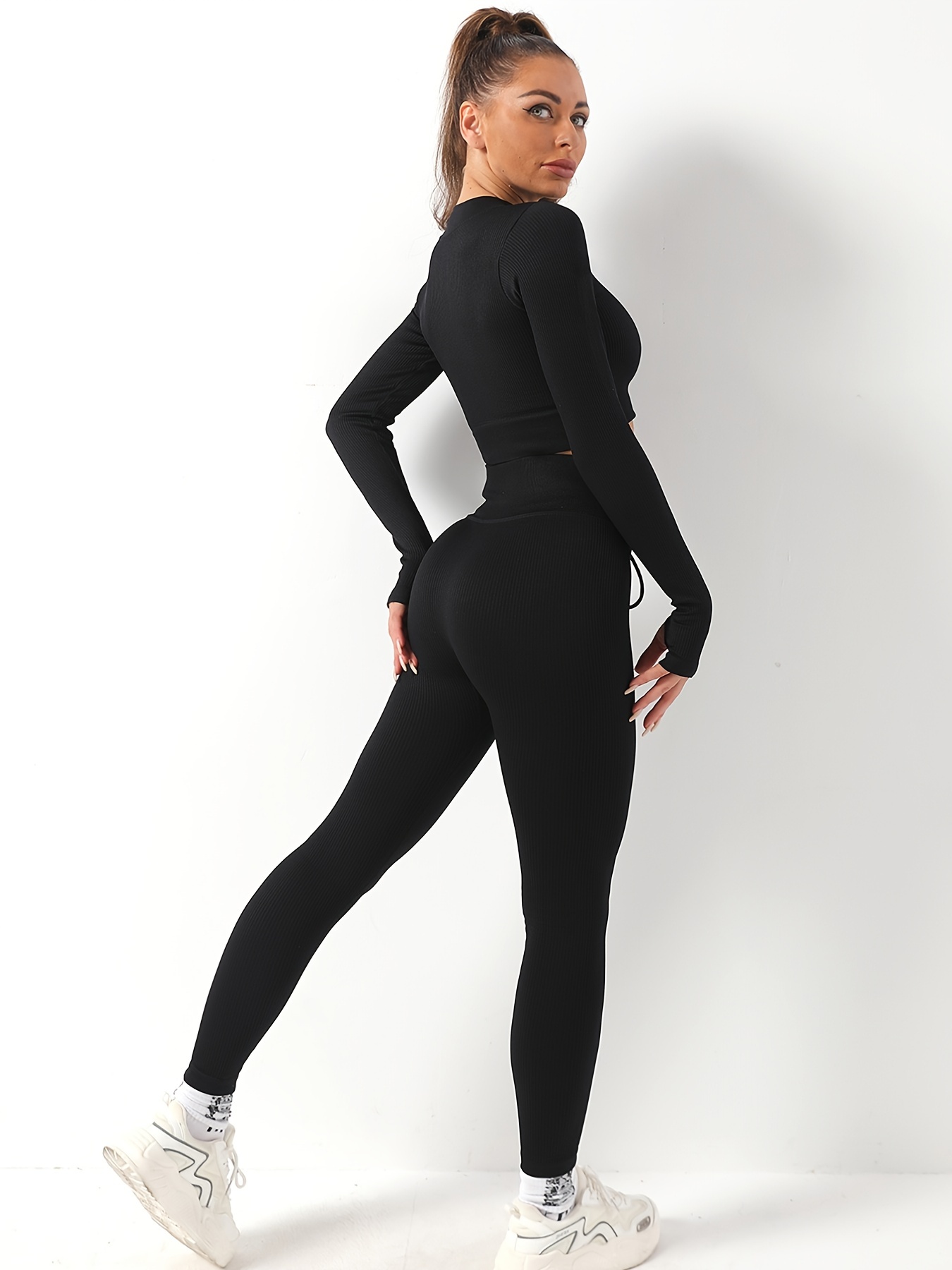Womens Ribbed Seamless Drawstring Seamless Workout Leggings With