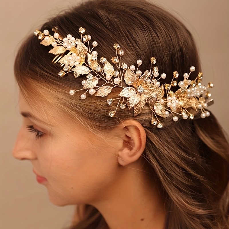 

Bridal Faux Pearl Leaf Hairband Headband Rhinestone Wedding Hair Accessory Crystal Hair Vine For Bride