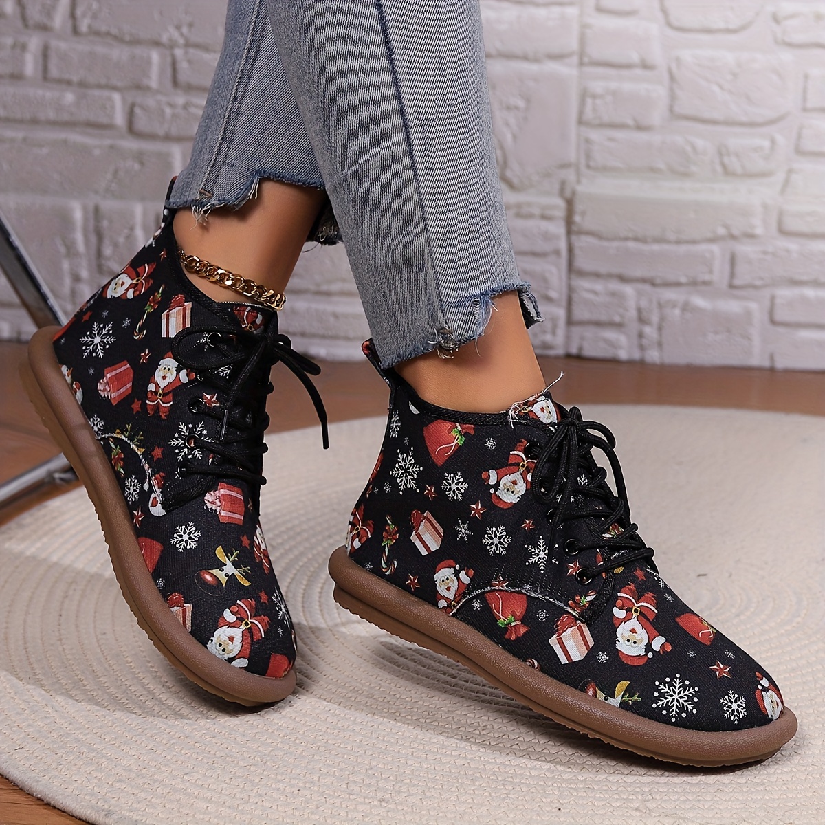 Christmas Lace-up Front Ankle Boots for Women