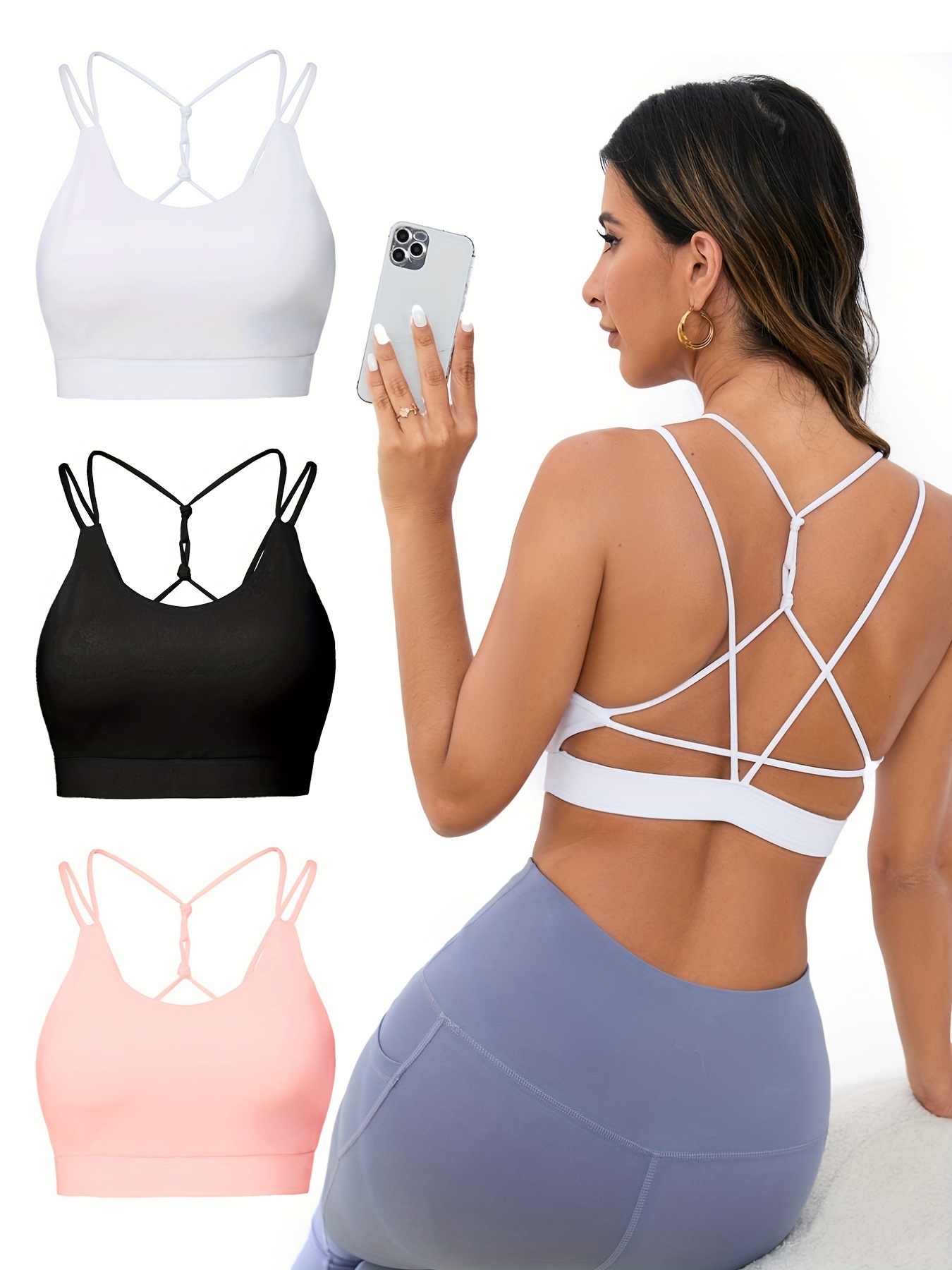 Solid Color Criss Cross Sports Bra, Thin Strap Backless Workout Running  Yoga Bra, Women's Activewear