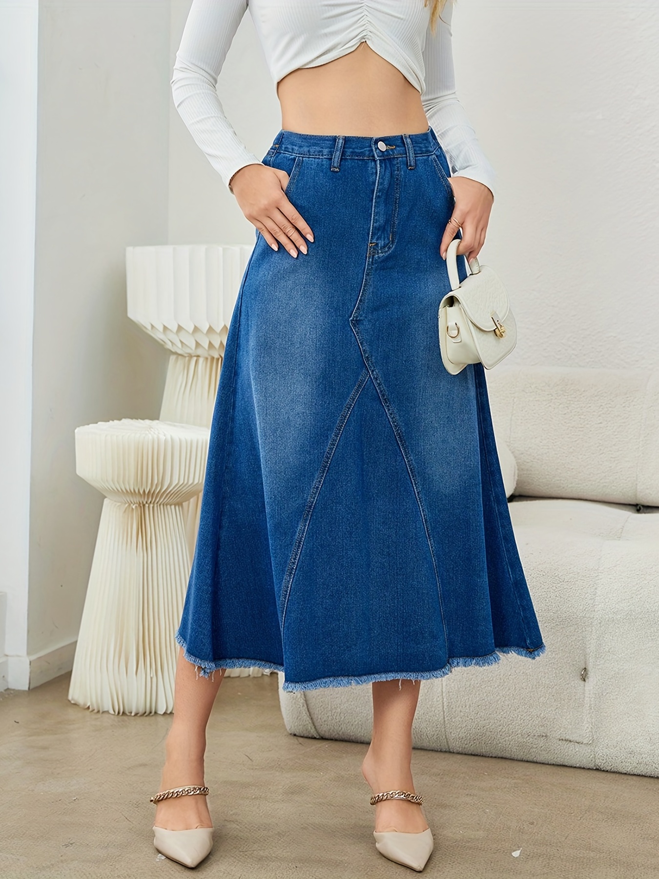 Frayed Hem Fade High Waist Denim Skirt Pocket Elegant A Line - Temu Japan