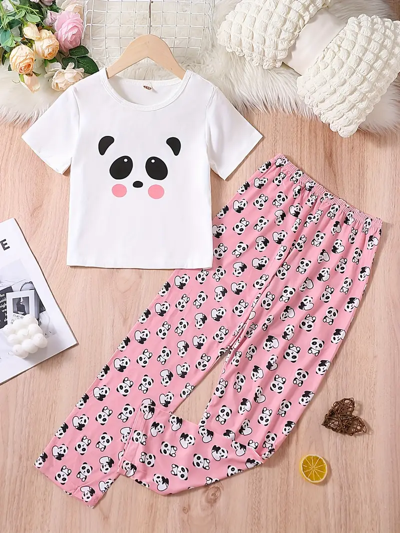 2pcs Girls Pajamas Outfit Cute Cartoon Panda Graphic Crew Neck T-Shirt Top  & Elastic Waist Pants Sleepwear Loungewear Set Kids Summer Clothes