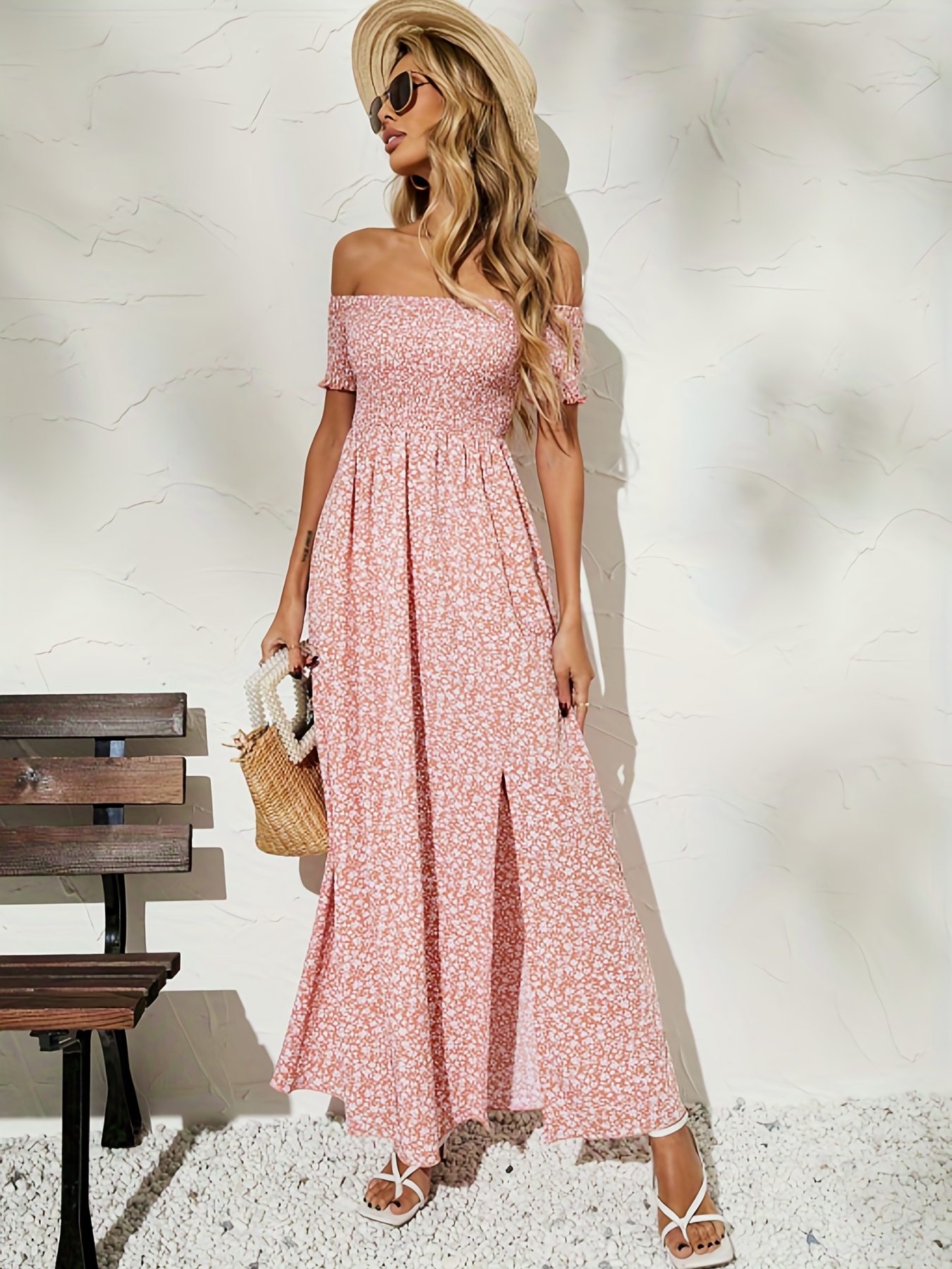 Off shoulder floral print slit store maxi dress