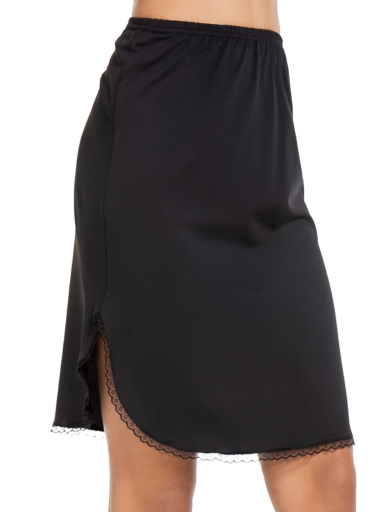 Foral Lace Trim Solid Skirt Side Split Stretch Half Slips Petticoat ...