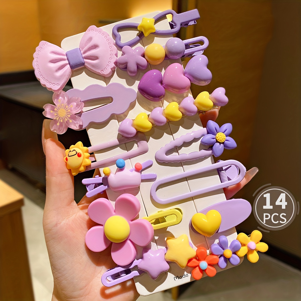 

14pcs Girl's Cute Purple Cartoon Flower Love Hair Clips, Ideal Choice For Gifts