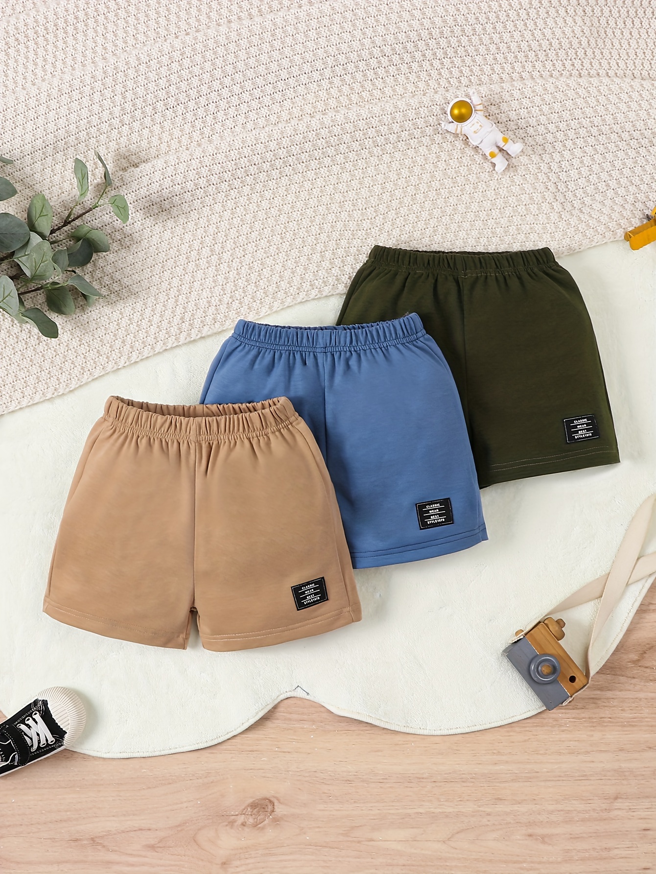 3pcs boys label patched comfortable creative shorts casual elastic waist shorts for summer outdoor