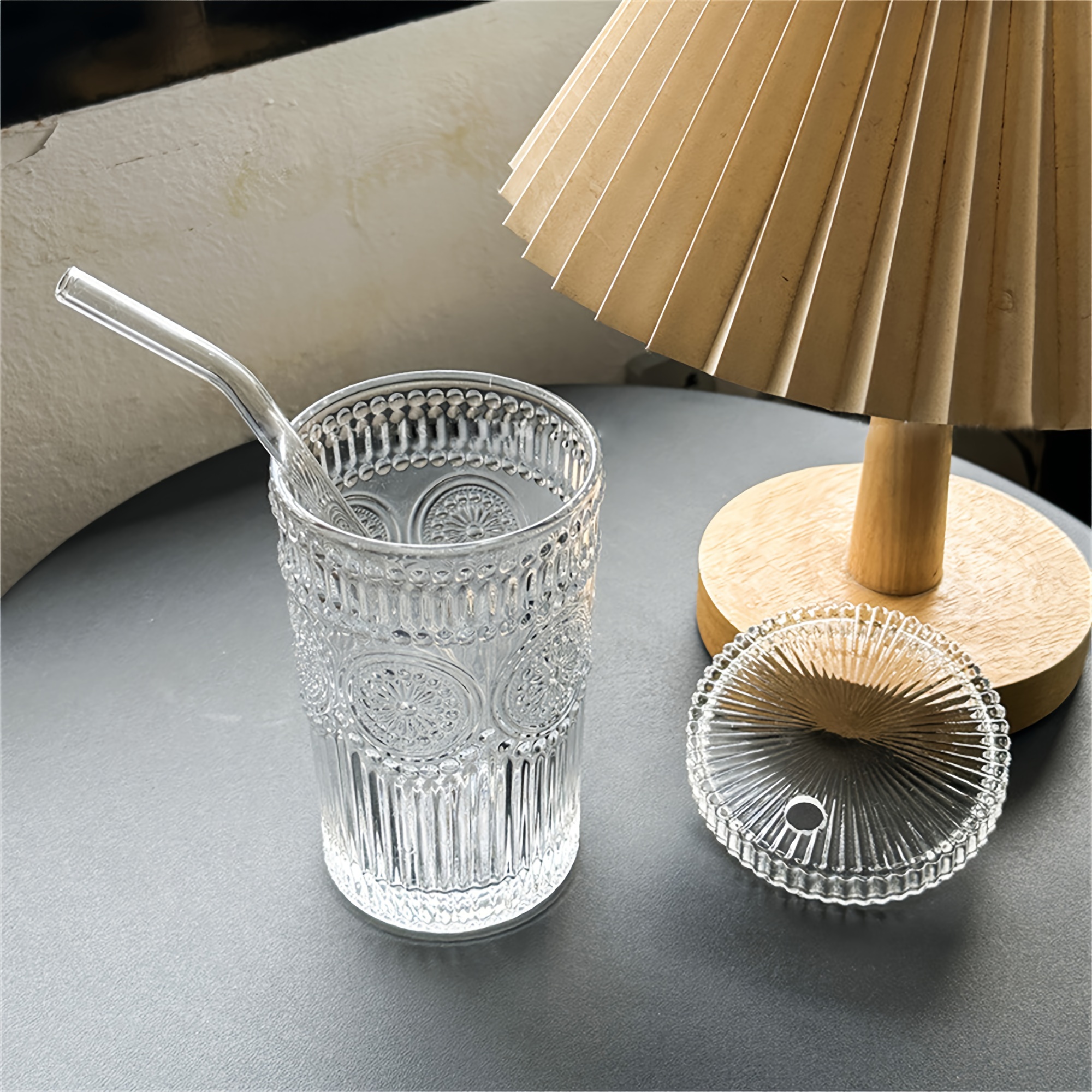 Boho Style Glass Cup With Lid And Straw Sunflower Pattern - Temu