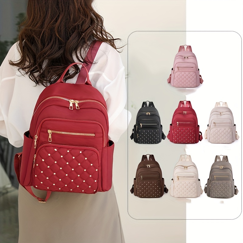 

Studded Decor Backpack For Women, Argyle Quilted School Bag, Simple Nylon Travel Rucksack