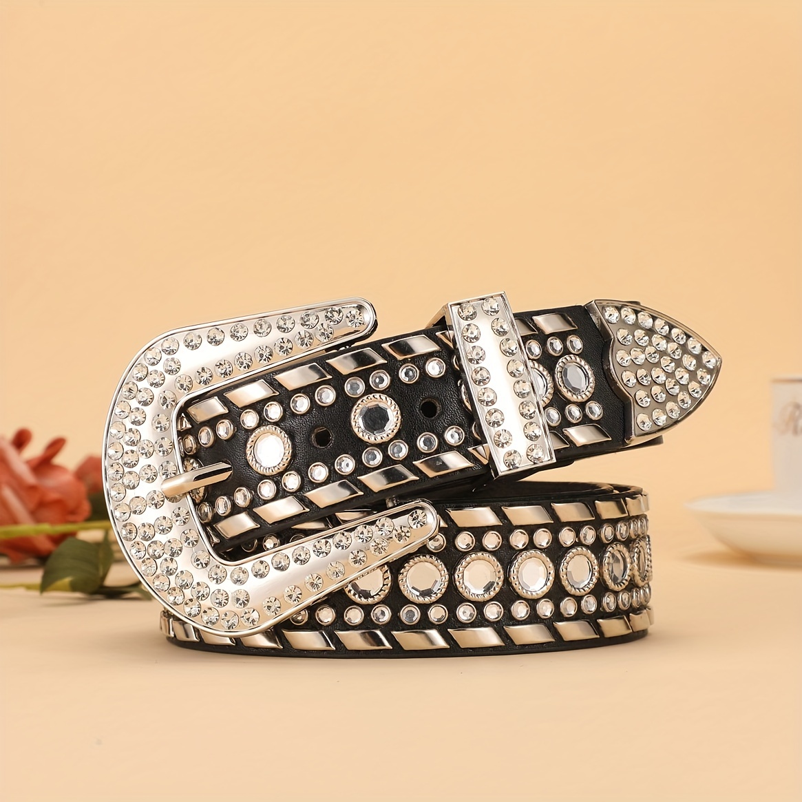 Rhinestone Belt for Men and Women, Western Cowgirl Cowboy Bling Studded  Diamond Belt Faux Leather Belt for Jeans Pants Dress at  Women’s